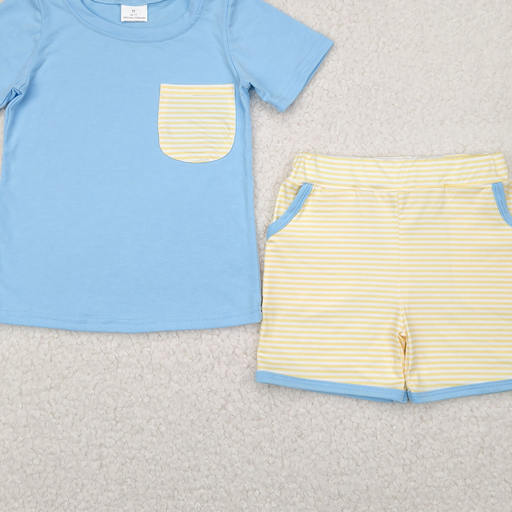 4.11 BSSO1393 RTS NO MOQ Baby Boys Summer Boys Outfits Baby Boys Blue Short Sleeves Pocket Top Yellow Stripe Pockets Short Set