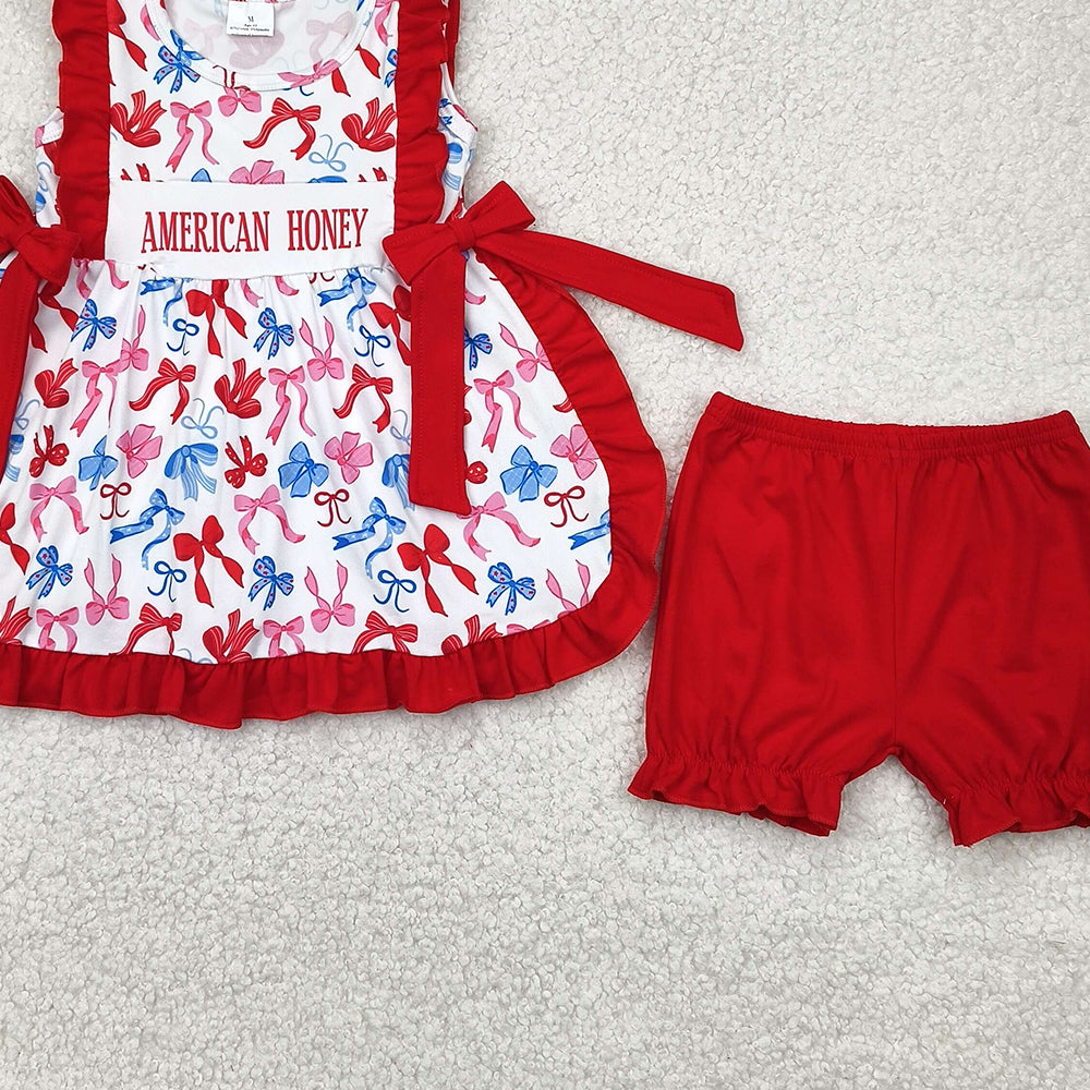 5.17 GSSO2538 RTS NO MOQ Baby Girls Summer Outfits Baby Girls American Honey Red Blue Bows Tunic Ruffle Short 4th Of July Set