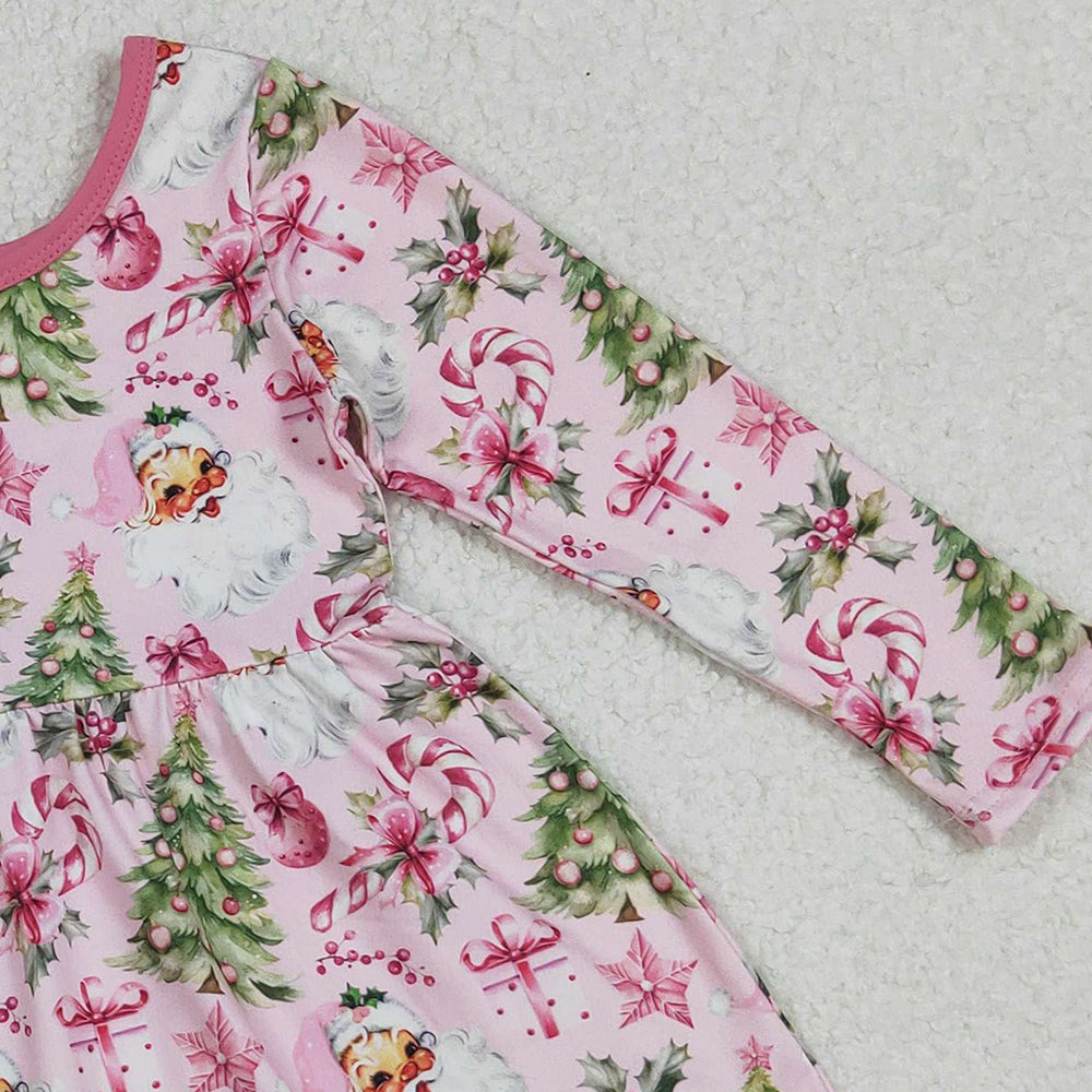 9.30 RTS NO MOQ (In stock)GLD1252 Baby Girls Winter Dress Baby Girls Santa Candy Cane Christmas Trees Ruffle Knee Length Dresses