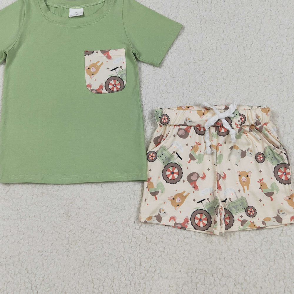 7.14 BSSO1460RTS NO MOQ Baby Boys Summer Boys Outfits Baby Boys Pocket Top Chicks Pigs Short Farm Set