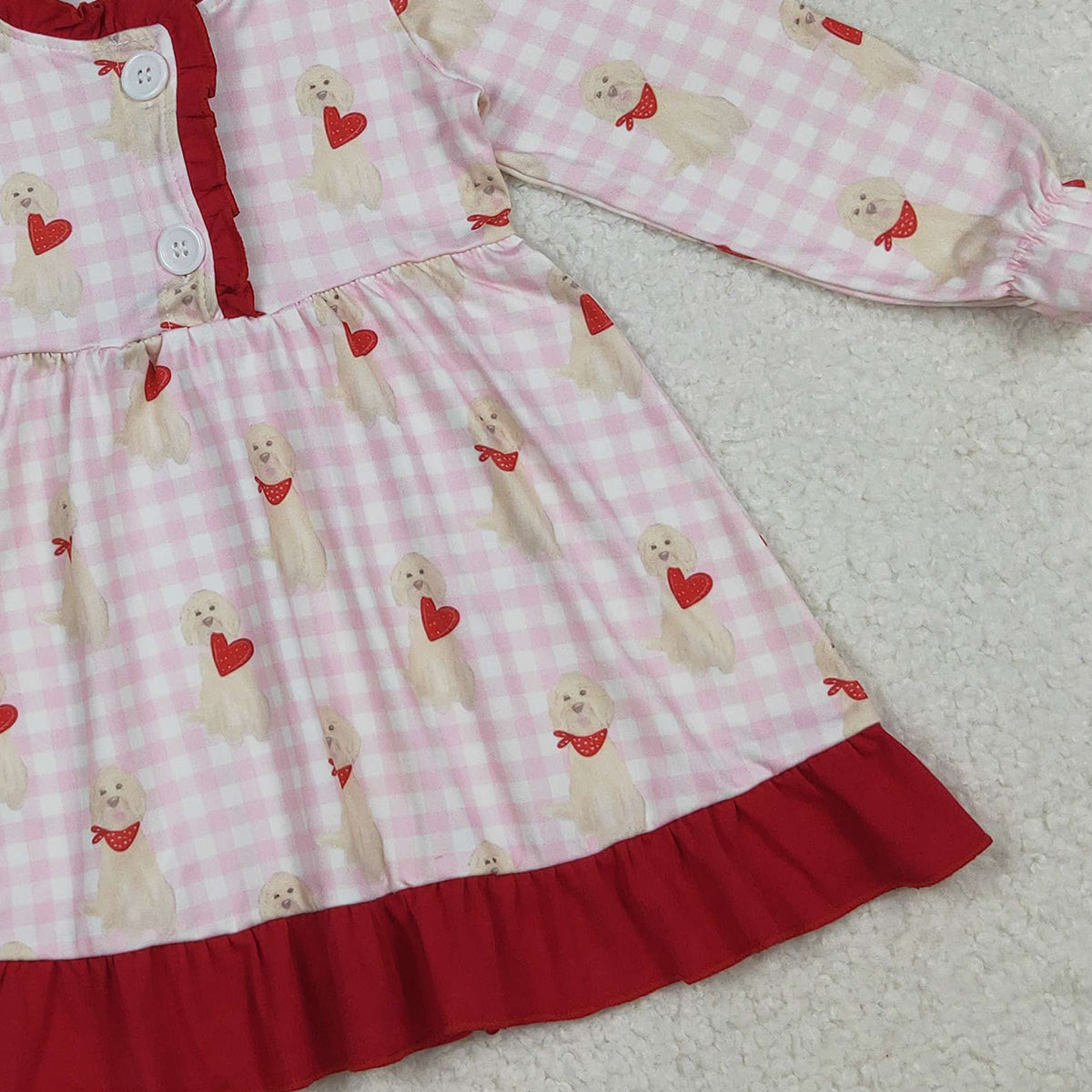 10.21 RTS NO MOQ (In stock)GLD1322 Baby Girls Winter Dress Baby Girls Pink Checked Dogs Hearts Button Ruffle Valentine Knee Length Dress