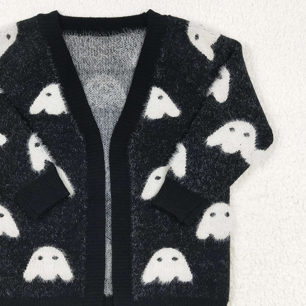 RTS NO MOQ (In stock) GT0649 Baby Girls Halloween Black Ghost Long Sleeve Sweaters Cardigans