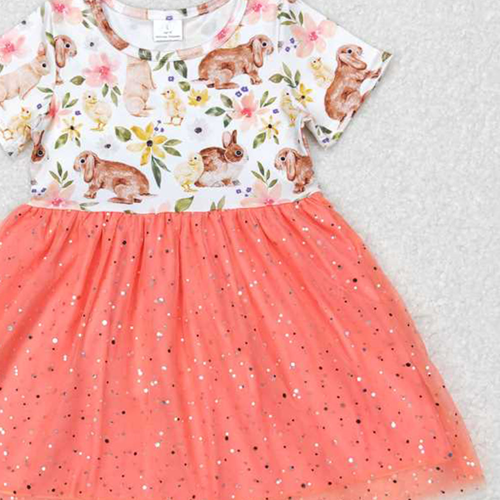 6.11 GSD2445 RTS NO MOQ Baby Girls Summer Dress Short sleeves rabbit floral girls easter tulle dress