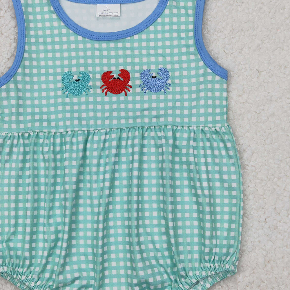 4.10 SR2660 RTS NO MOQ Baby Boys Summer Romper Baby Boys Aqua Plaid Sleeveless Crabs Rompers
