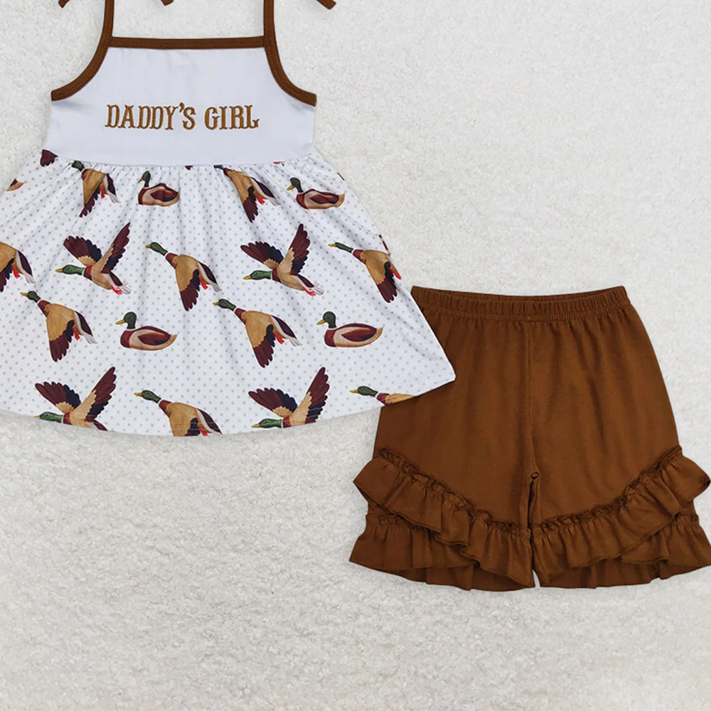 GSSO0807RTS NO MOQ Baby Girls Summer Outfits Daddy's girl embroidered letter duck suspenders brown shorts suit
