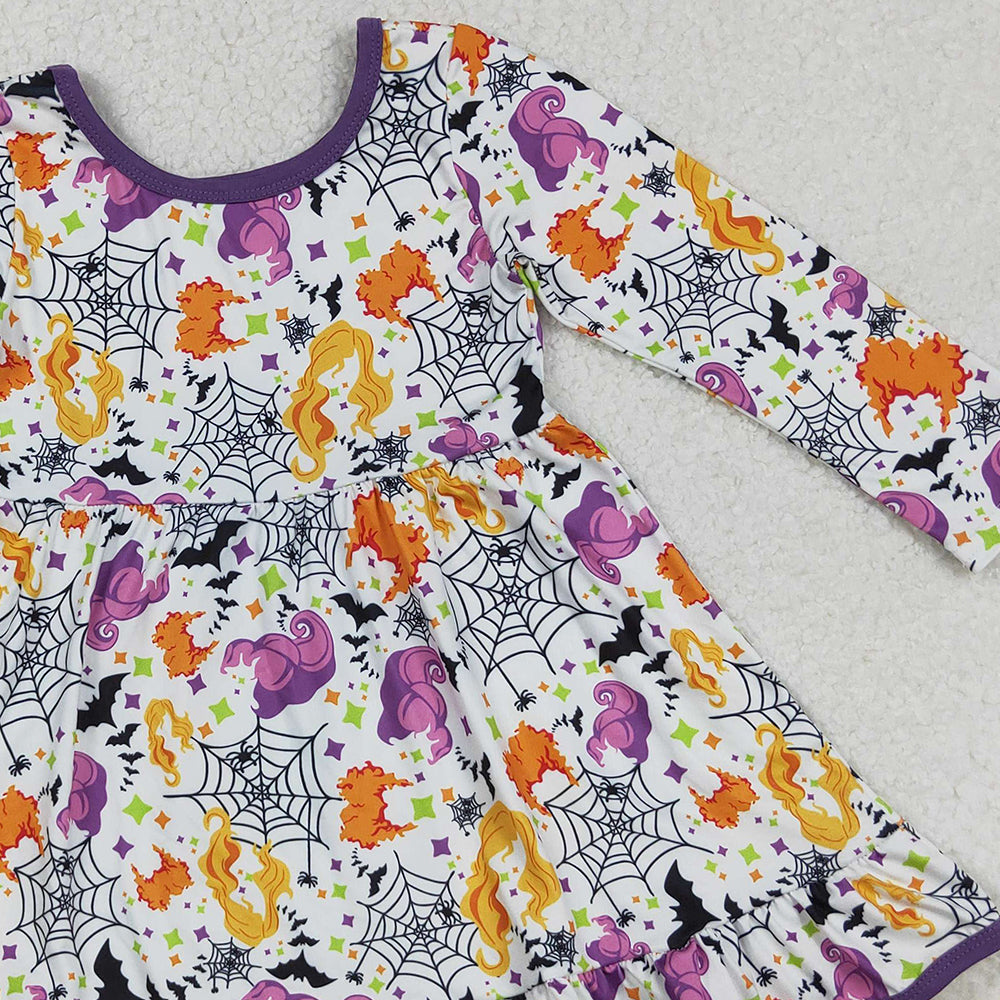 RTS NO MOQ (In stock)GLD1249 Baby Girls Winter Dress Halloween Ruffle Knee-Length Dress Cartoon Spider Theme Cute And Spooky Halloween Costume
