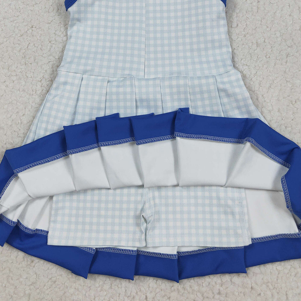 RTS NO MOQ (In stock)GSD2759 Baby Girls Yoga Dress Baby Girls Blue Plaid Zipper Shorts Yoga Active Knee Length Dresses