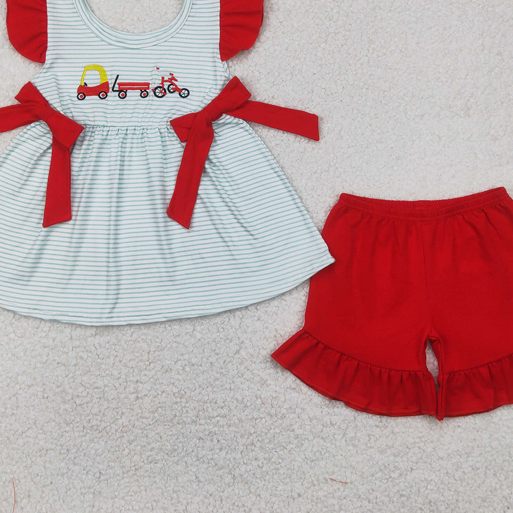 5.17 GSSO2404 RTS NO MOQ Baby Girls Summer Outfits Embroidery Baby Girls Red Flutter Sleeves Trucks Bows Tunic Red Ruffle Short Set