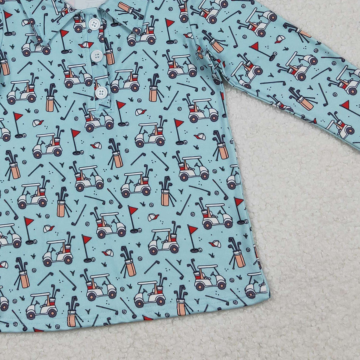 10.28 RTS NO MOQ (In stock)BT1404 Baby Boys Blue Long Sleeve Golf Trucks Button Polo Shirts Top