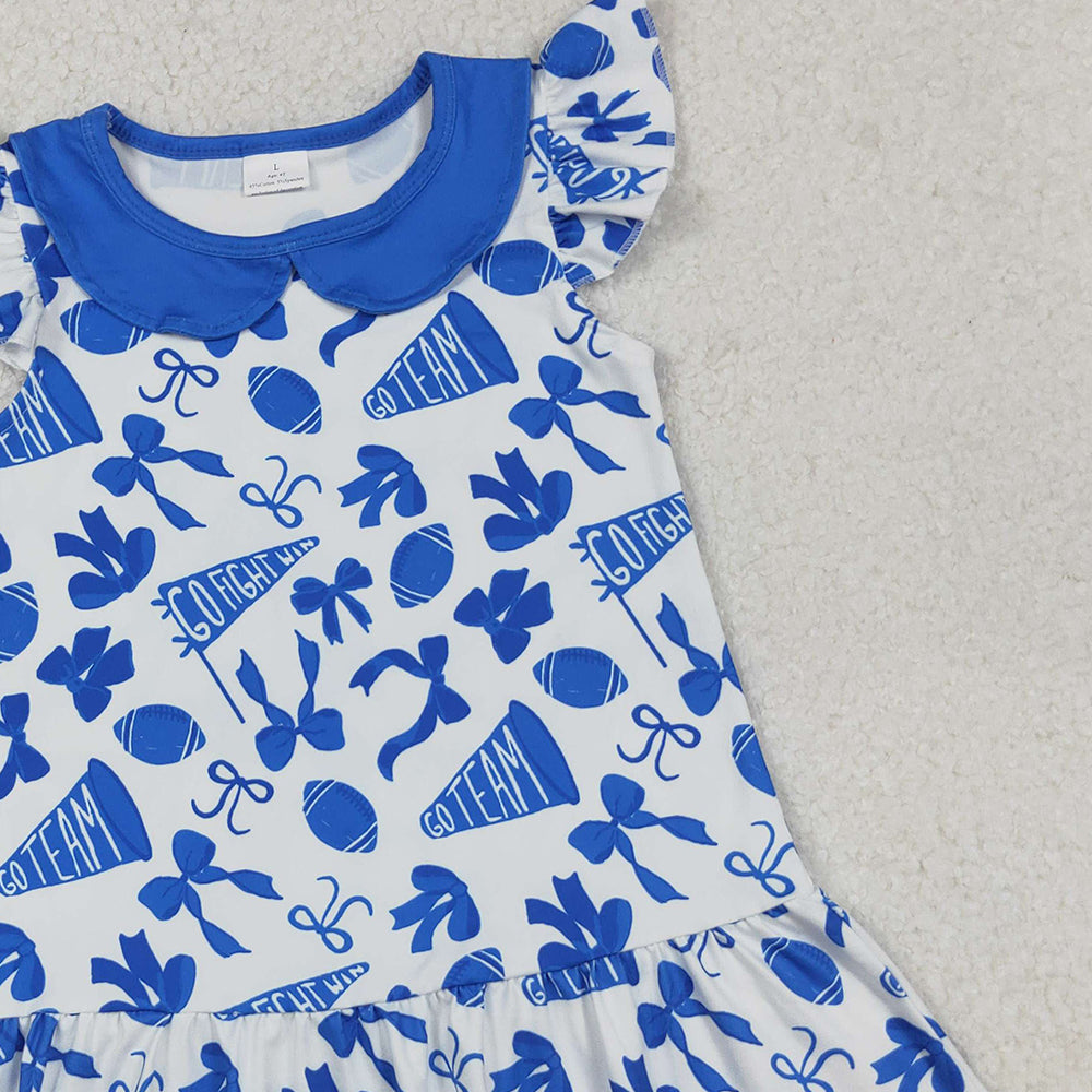 RTS NO MOQ (In stock)GSD2782 Baby Girls Summer Dress Knee-Length Dress with Blue Cheer Bows And Flutter Sleeves Team Color Options