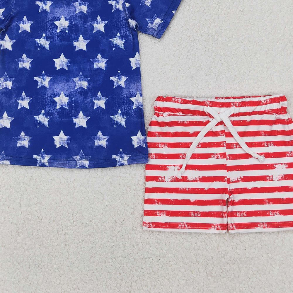 6.16 BSSO1405 RTS NO MOQ Baby Boys Summer Boys Outfits Blue stars top stripe shorts boys 4th of july outfits