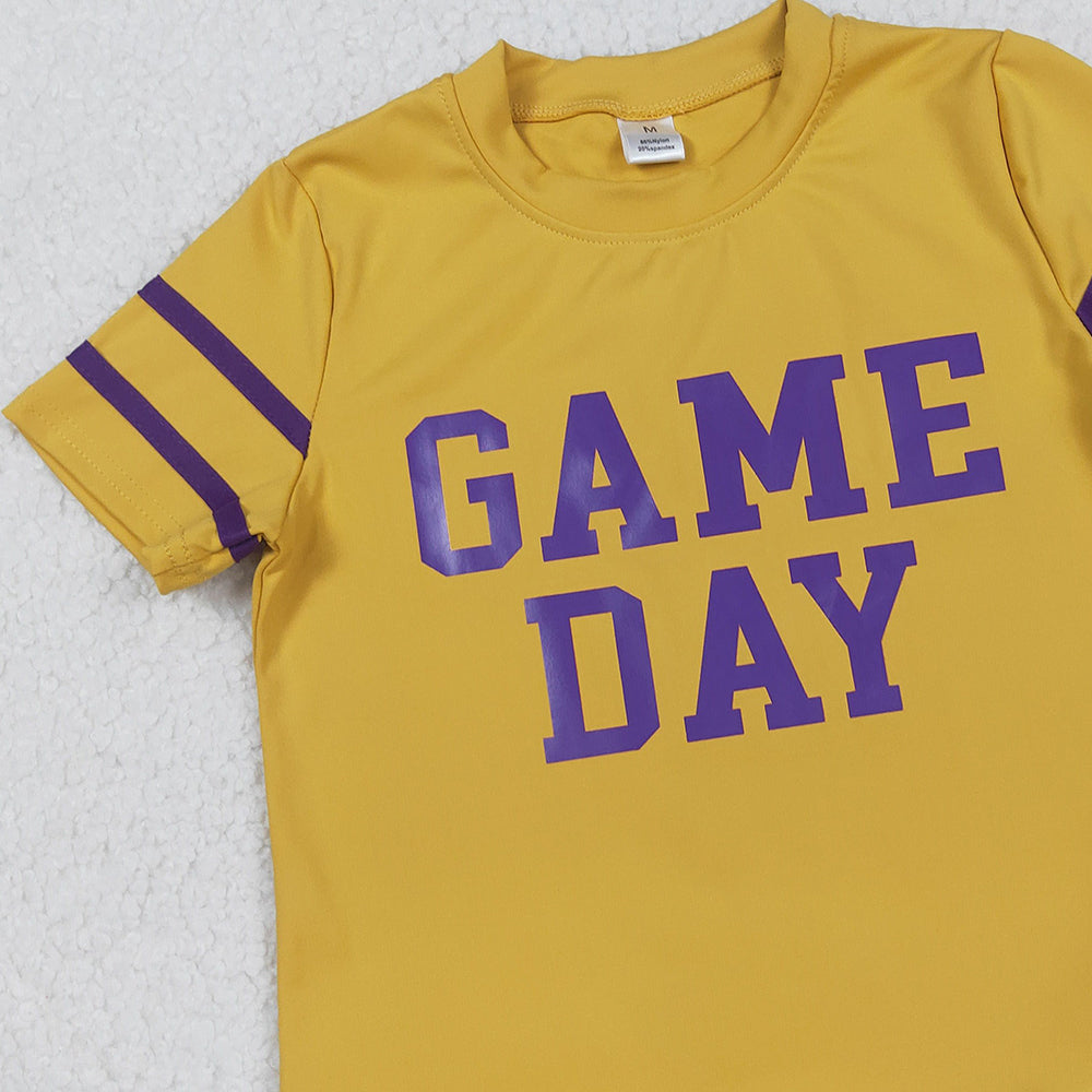 RTS NO MOQ (In stock)GT1100+GLK0086 Baby Girls Yoga Outfits Purple Game Day Team Tee Shirts And Pleated Skirts Set Active Wear Yoga Top Bottoms Outfit for Kids