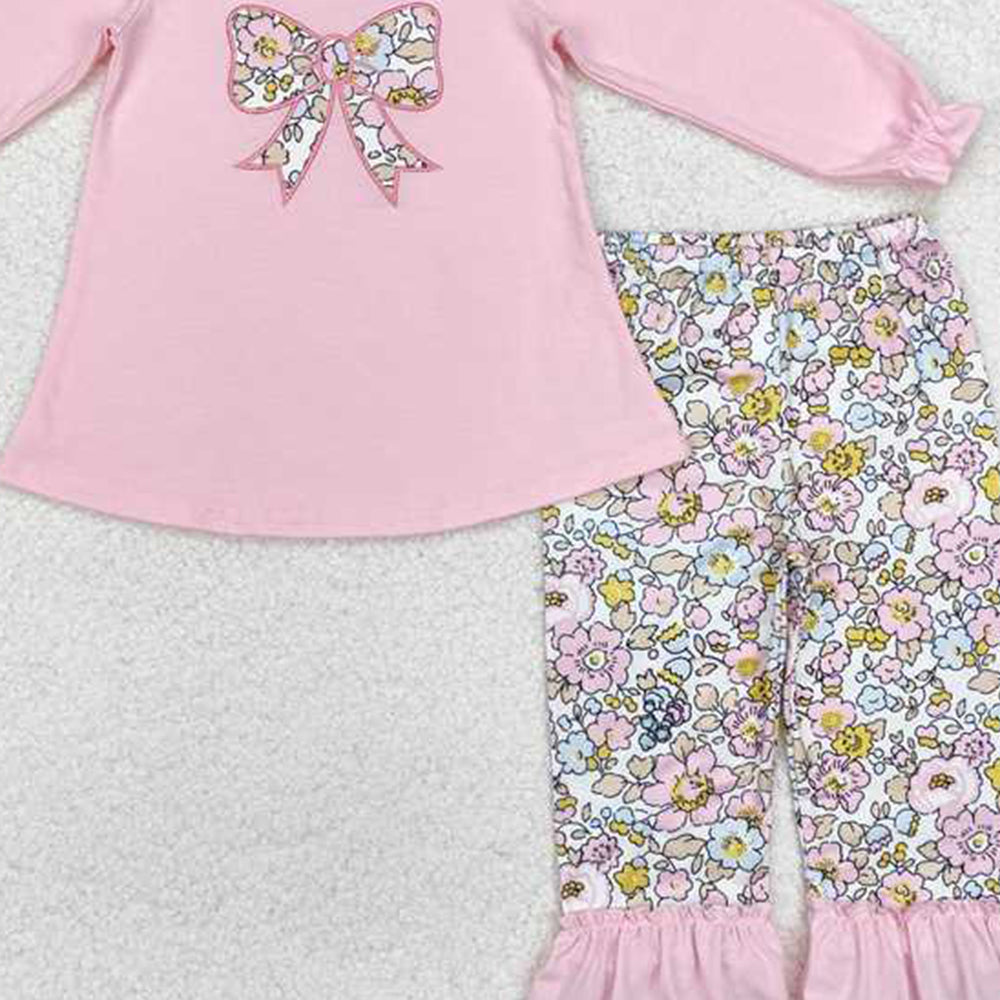 4.14 GLP1836 RTS NO MOQ Pink bow tunic floral ruffle pants girls clothing set