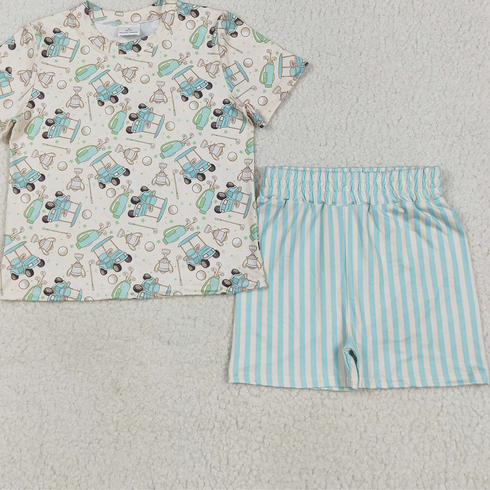 GSSO2614 RTS NO MOQ Baby Girls Summer Outfits Baby Girls Short Sleeves Golf Top Blue Stripes Short Pajamas Set