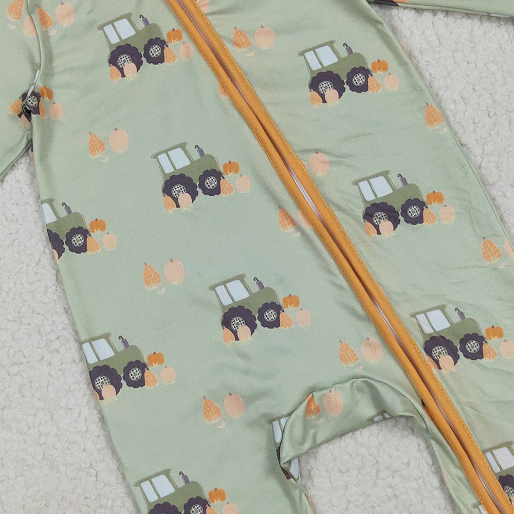 RTS NO MOQ (In stock)LR2335 Baby Boys Winter Rompers Baby Boys Green Long Sleeves Pumpkins Trucks Zipper Rompers