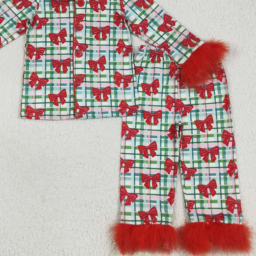 8.18 RTS NO MOQ (In stock) GLP2372 Baby Girls Winter Outfits Baby Girls Red Long Sleeves With Fur Bows Plaid Button Top Pants Pajamas Set