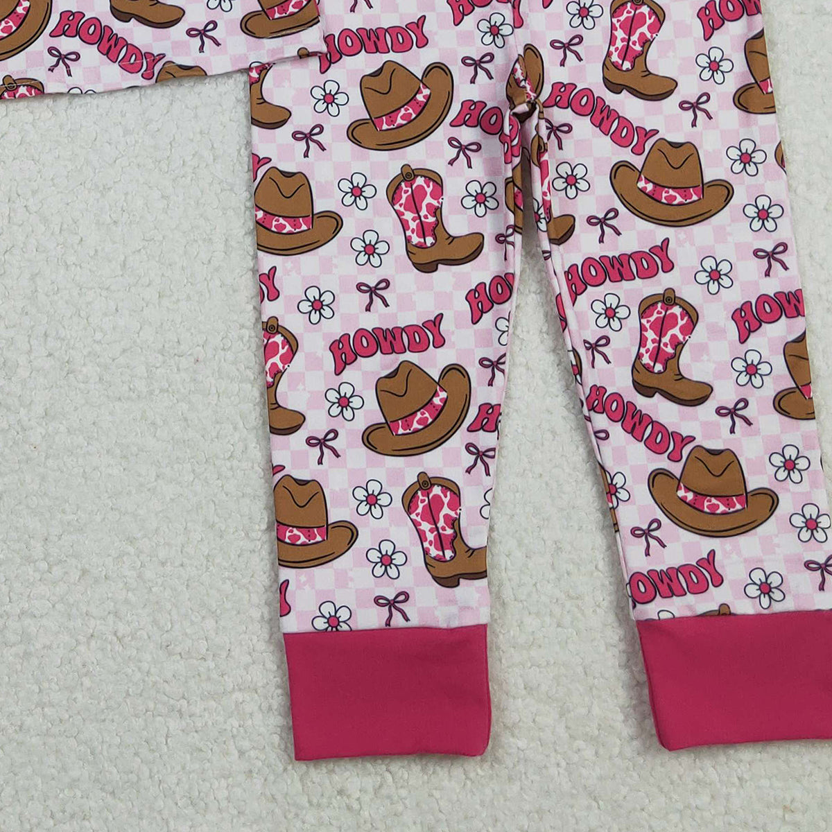 11.3 RTS NO MOQ (In stock)GLP2664 Baby Girls Pink Checked Flowers Howdy Top Pant Western Pajamas Sets