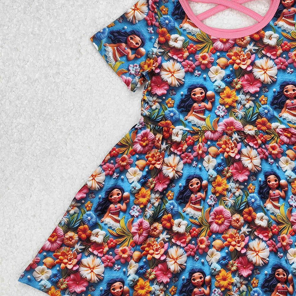 GSD1785Blue Floral Princess Baby Girls Dress Short Sleeves Cute Children's Clothing for Little Girls
