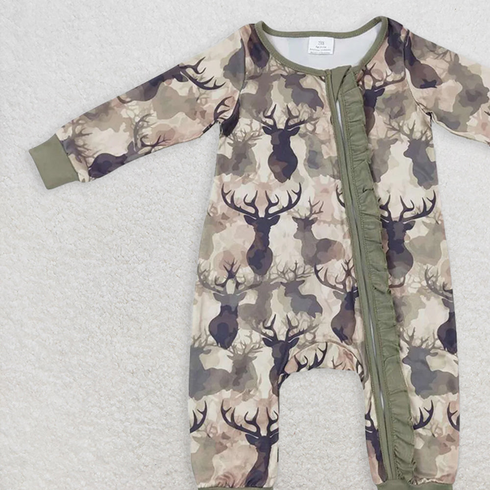 USA Shop (in stock)LR0661RTS NO MOQ Baby girls Winter Rompers Deer camo long sleeves ruffle baby girls zipper romper