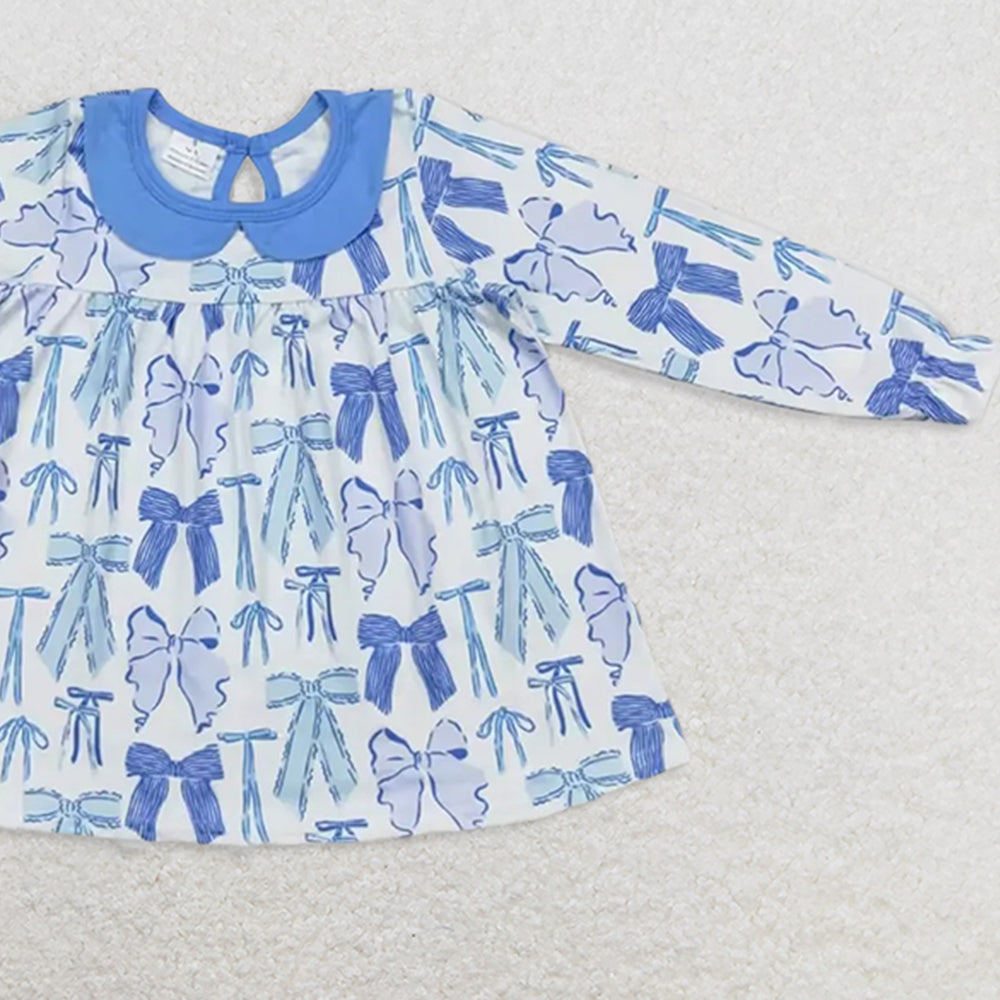 USA Shop (in stock)GT0666 RTS NO MOQ Baby Girls Winter Dress Baby Girls Blue Bows Collar Knee Length Dresses