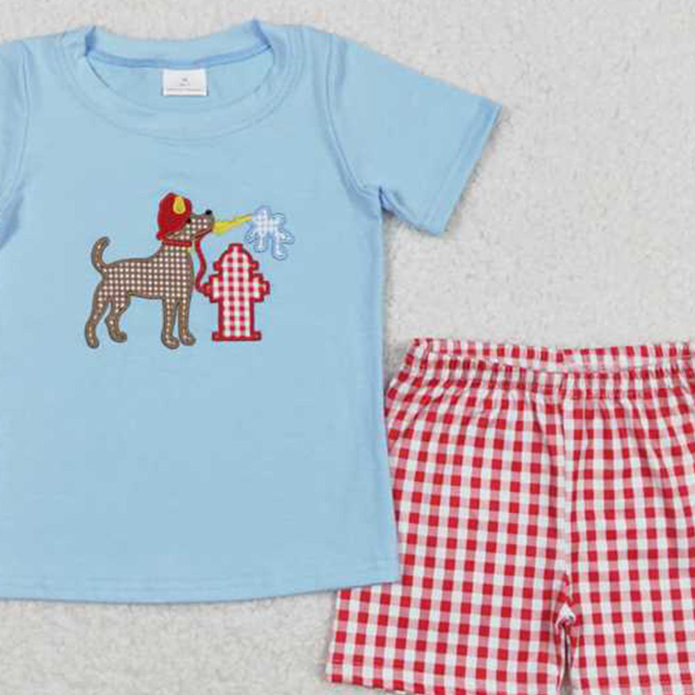 BSSO0377 New Rts No Moq 8-9 Days By Air Arrived it Back the Red Dog Plaid Shorts Kids Boys Outfits Top Matching Set Boys Clothing Plaid Pattern Comfortable Fit for Children