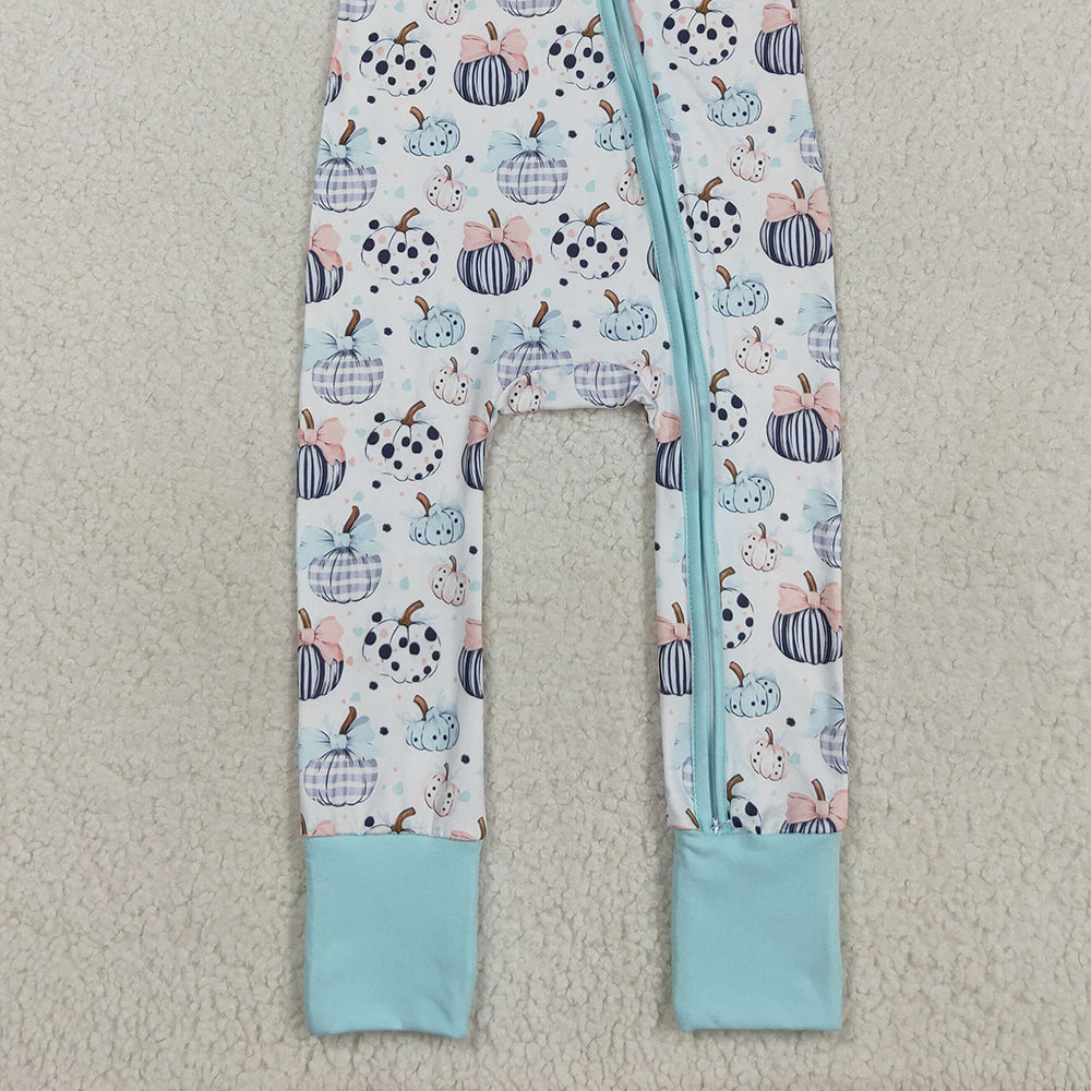 RTS NO MOQ (In stock)SR3109 Baby Girls Winter Rompers Baby Infant Girls Blue Bows Pumpkins Fall Zipper Footie Rompers