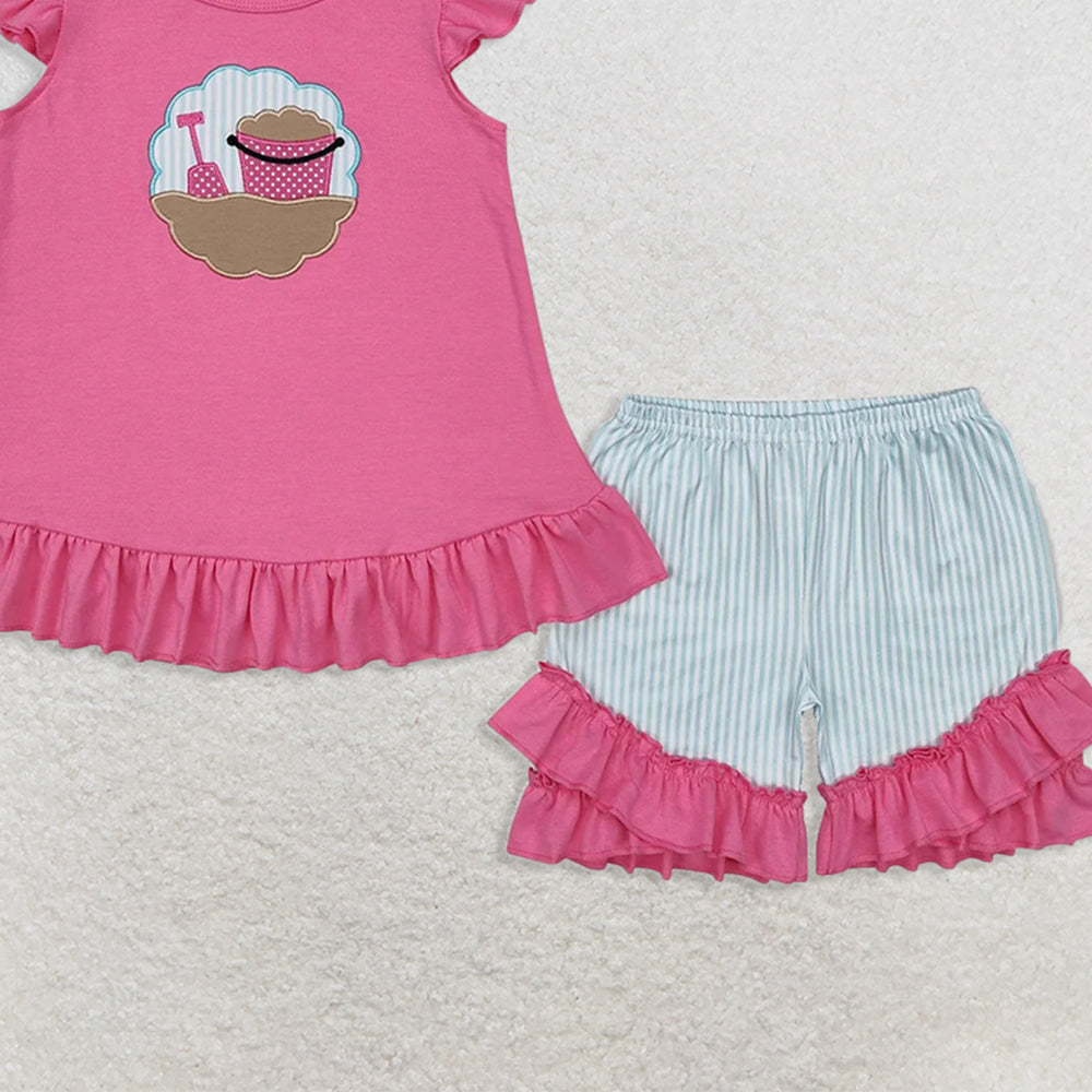 GSSO1785RTS NO MOQ Baby Girls Summer Outfits Baby Girls Pink Beach Tunic Ruffle Shorts Clothes Sets
