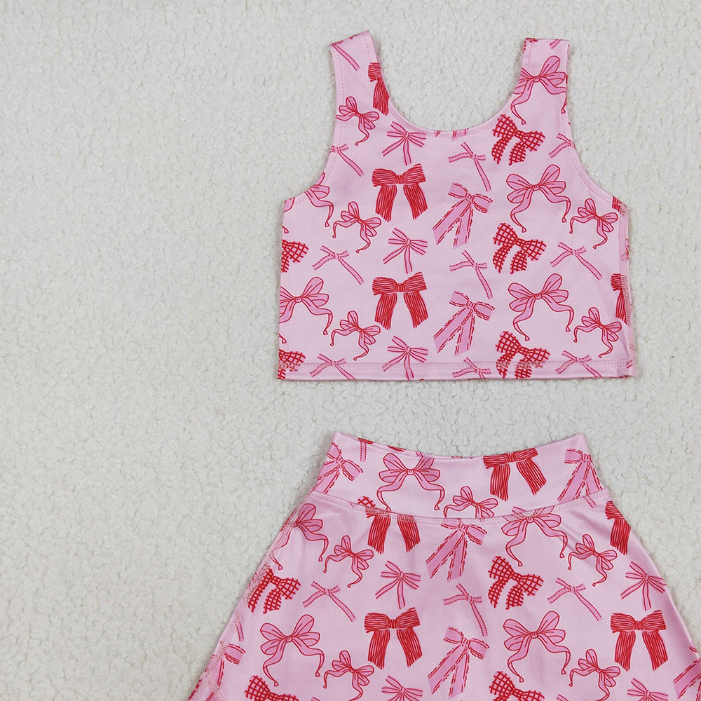 RTS NO MOQ (In stock)GSD2459 Baby Girls Yoga Outfits Baby Girls Sleeveless Pink Bows Top Skorts Yoga Sets