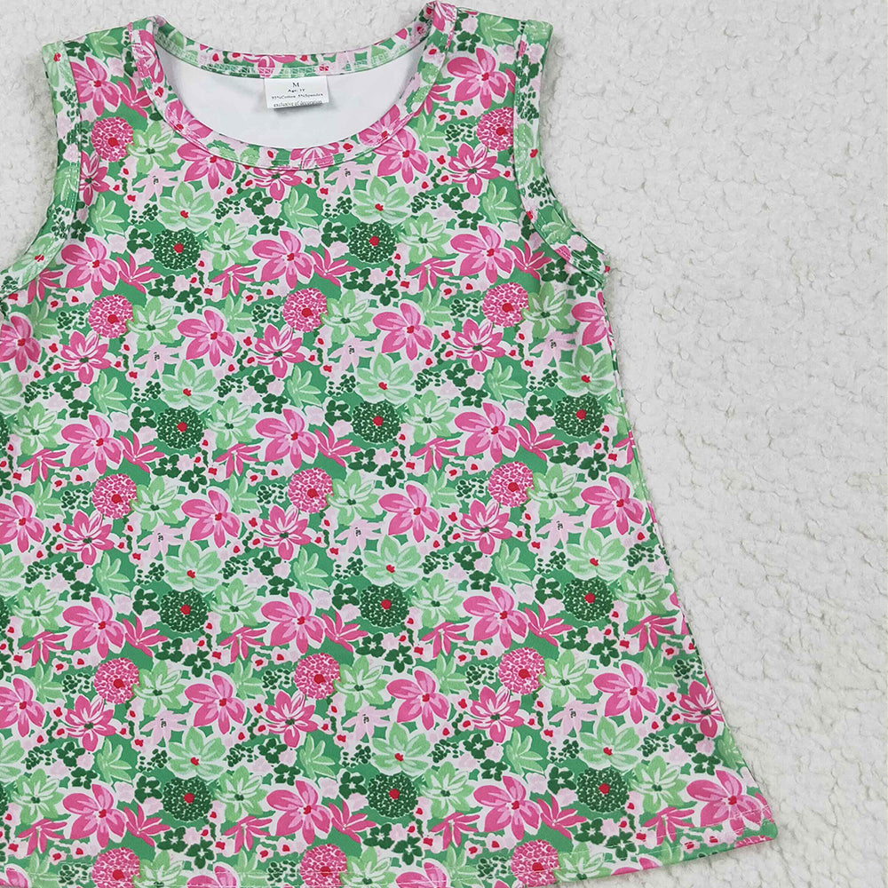 GT1015RTS NO MOQ Baby Girls Summer Yoga Tops Baby Girls Sleeveless Green Pink Floral Yoga Shirts Top