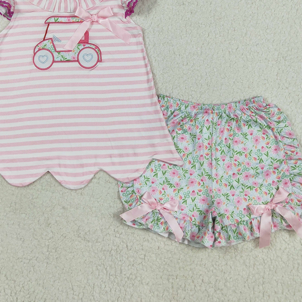 RTS NO MOQ (In stock)GSSO2633 Baby Girls Summer Outfits Embroidery Baby Girls Flutter Sleeves Floral Golf Truck Tunic Ruffle Short Set