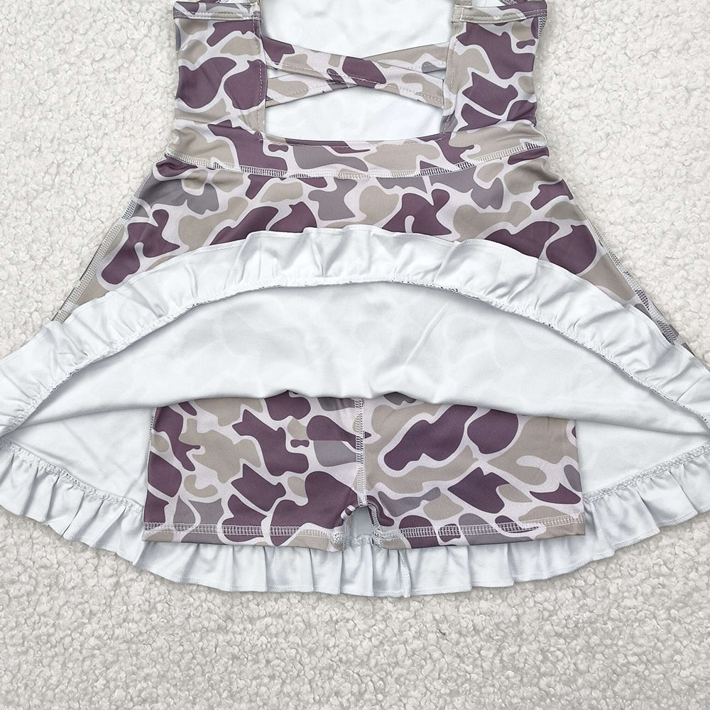 6.16 GSD2312 RTS NO MOQ Baby Girls Summer Yoga Dress Baby Girls Strap Purple Camo Yoga Ruffle Knee Length Dresses