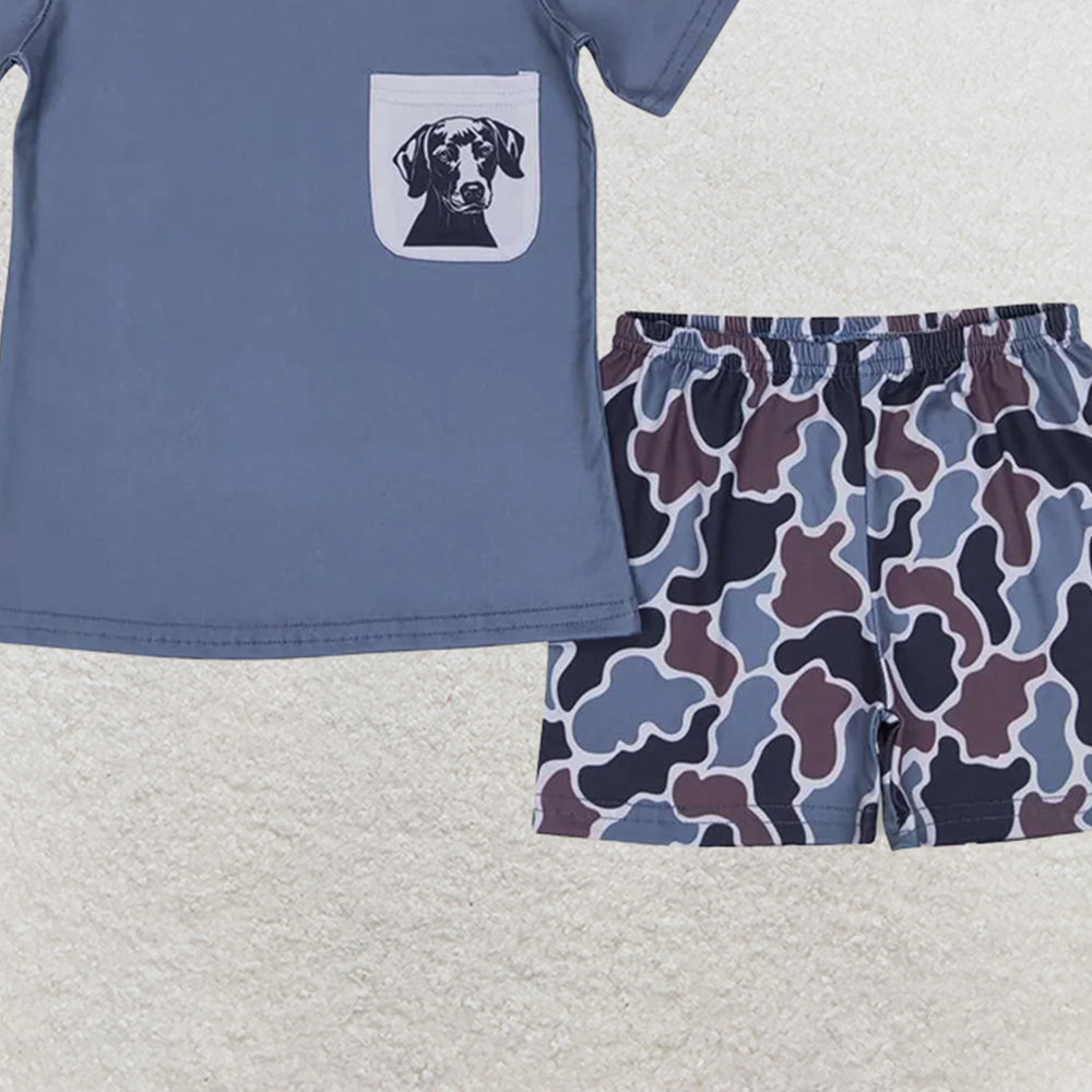 USA Shop (in stock) BSSO0304 Baby Boys Summer Boys Outfits Baby Boys Hot Blue Short Sleeves Dog Pocket Top Camo Short Western Set