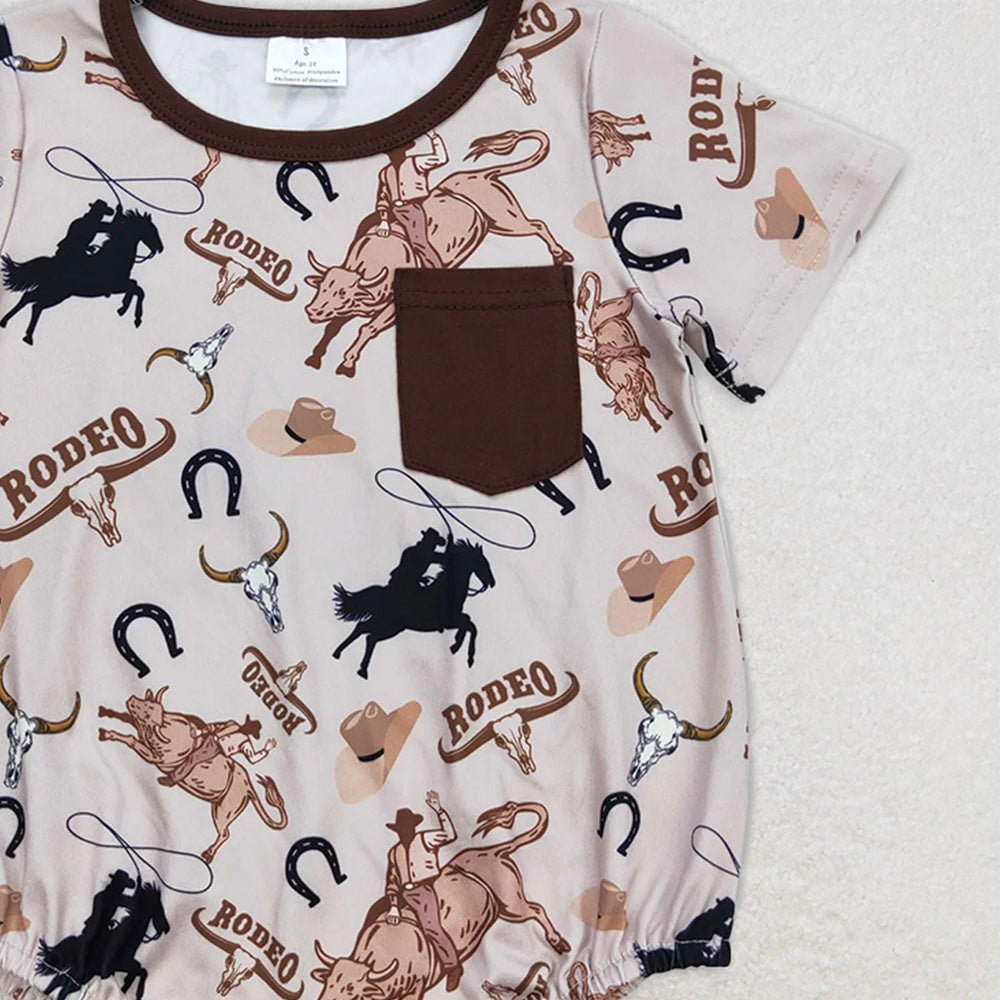 8.25 SR1358RTS NO MOQ Baby Boys Summer Romper rodeo riding brown pocket short sleeve jumpsuit