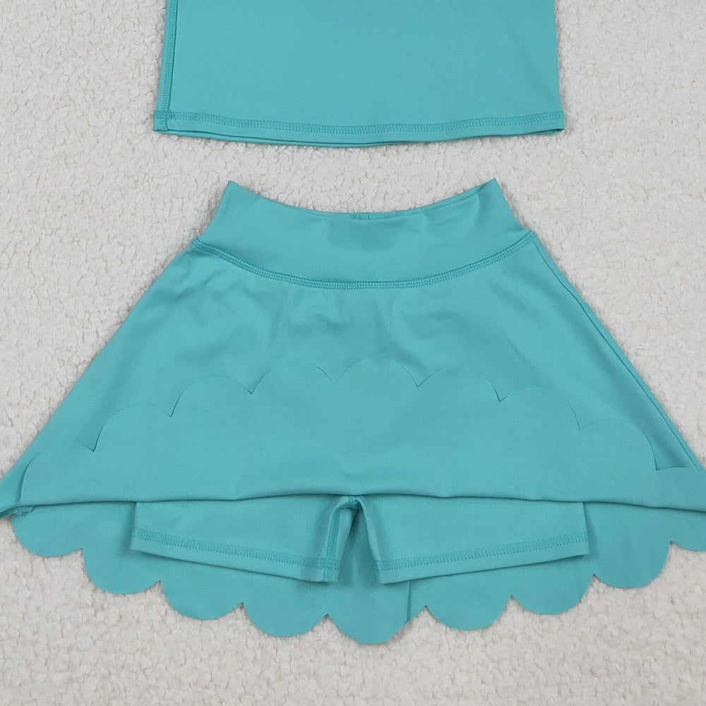 RTS NO MOQ (In stock)GSD2349 Baby Girls Yoga Outfits Aqua Sleeveless Button Top Skirt Yoga Sets