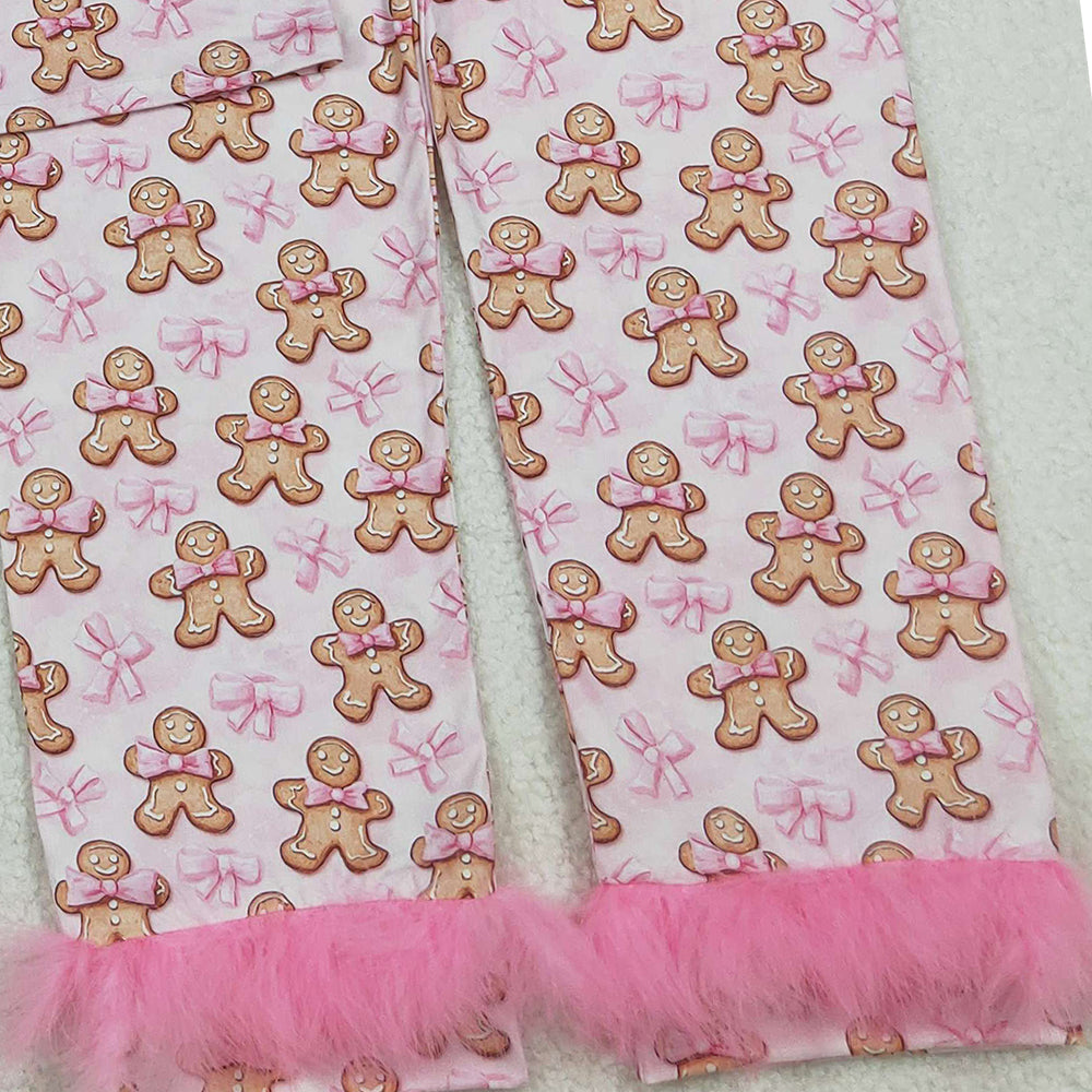 10.10 RTS NO MOQ (In stock)GLP2716 Adult Women Bows Gingerbread Button Top Pants Christmas Fur Pajamas Set