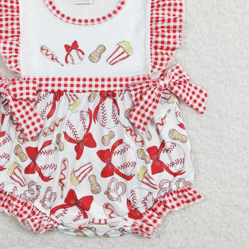SR0848 RTS NO MOQ Red plaid flutter sleeves baseball baby girls romper