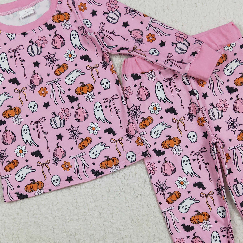 8.22 RTS NO MOQ (In stock)GLP2567 Baby Girls Winter Outfits Baby Girls Halloween Pink Ghost Pumpkins Top Pant Pajamas Sets