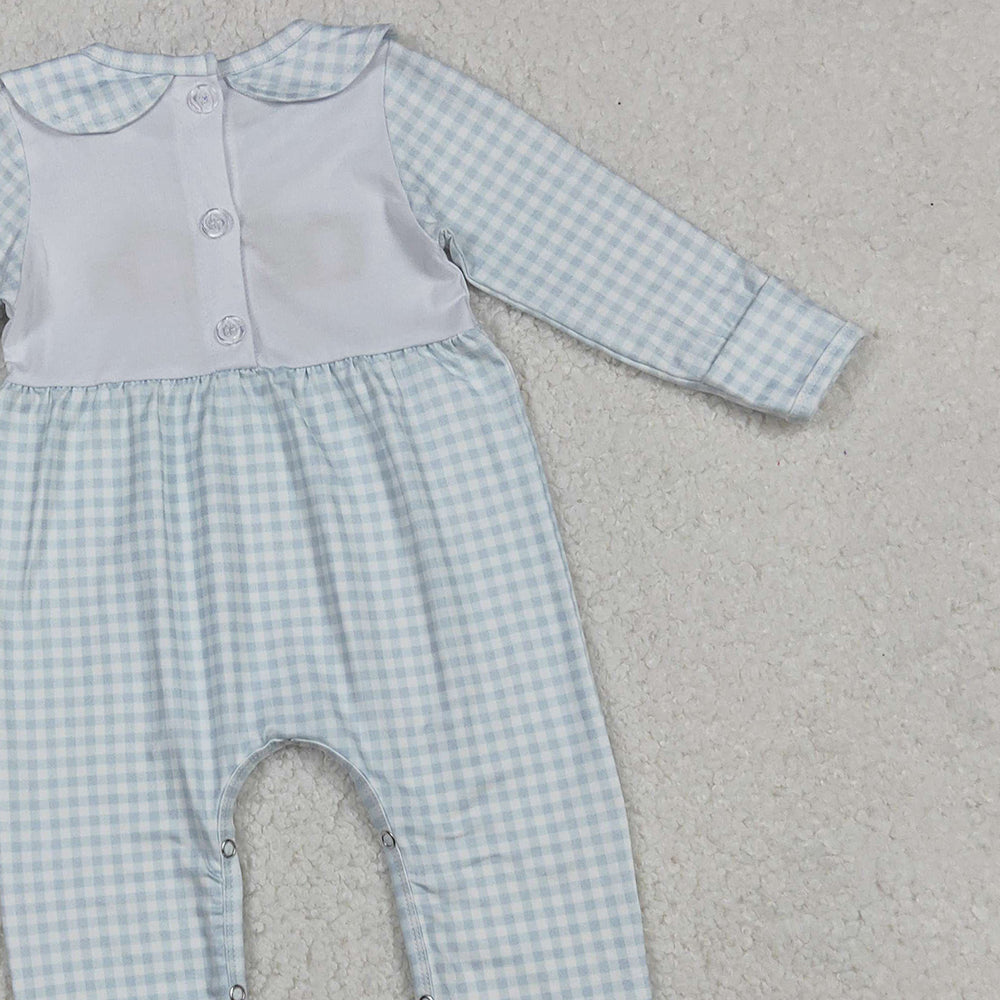 RTS NO MOQ (In stock)LR2560Baby Girls Winter Rompers Embroidery Pumpkins Blue Plaid Fall Footed Rompers