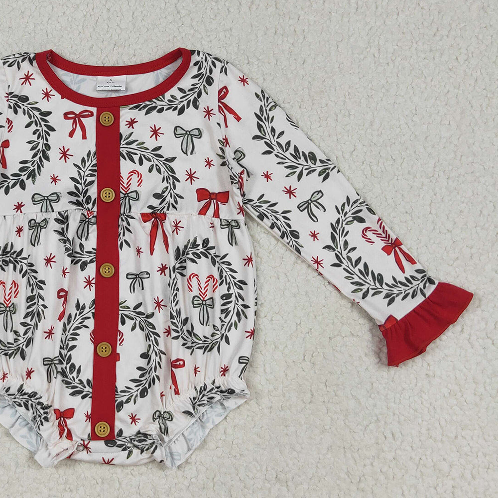 RTS NO MOQ (In stock)LR2252 Baby Girls Winter Rompers Baby Girls Christmas Red Green Bows Button Ruffle Rompers
