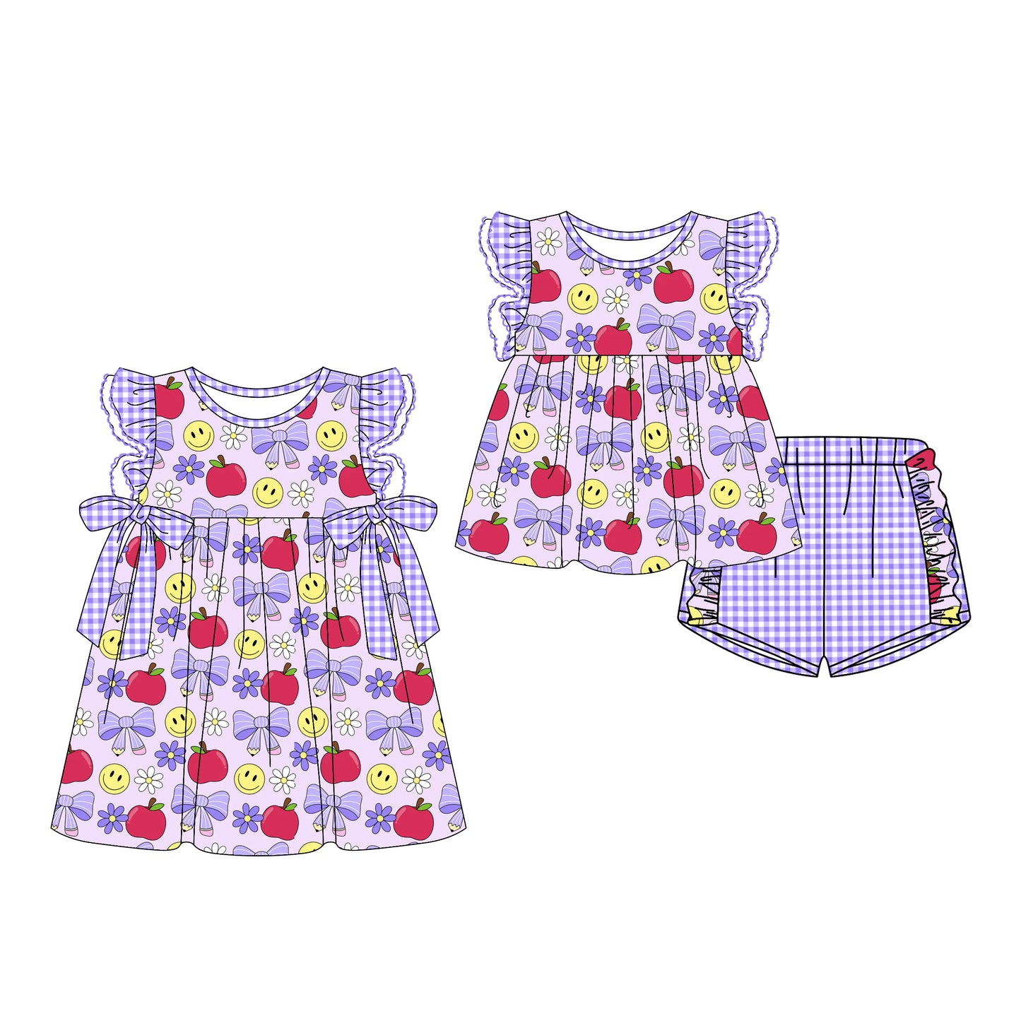 CUSTOM MOQ 5 Sibling Baby Girls Back To School Apple Flutter Sleeve Top Shorts Knee Length Dress Clothes Sets