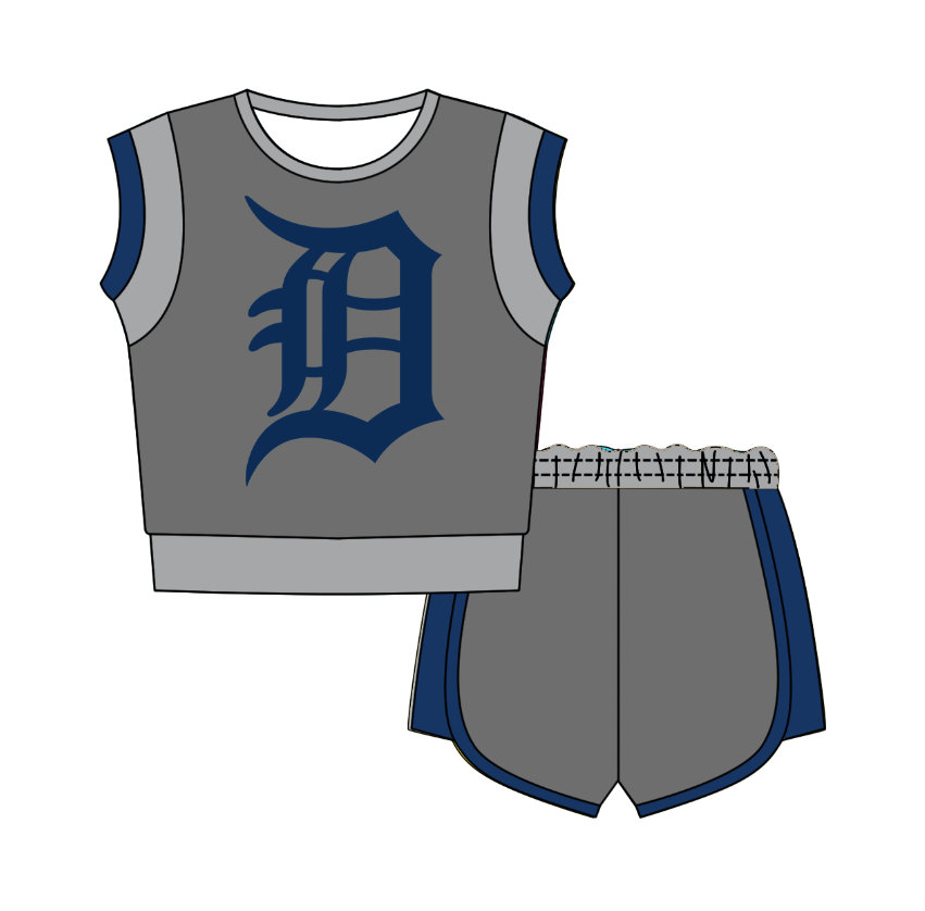 CUSTOM MOQ 5 Cute Comfortable Clothing For Kids Baby Kids Summer Dark Blue Sleeveless Patchwork Top Shorts Clothes Sets