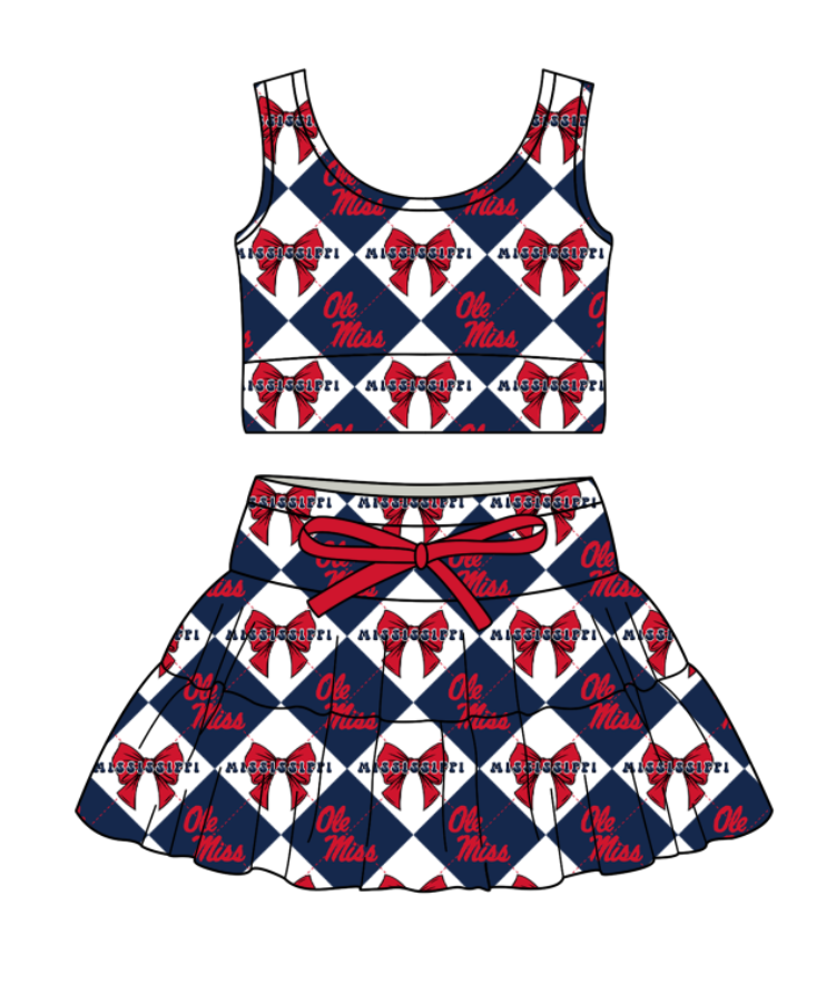 CUSTOM MOQ 5 Baby Girl Clothes Haze Blue Bow Plaid Top Skirts Yoga Active Team Clothes Sets