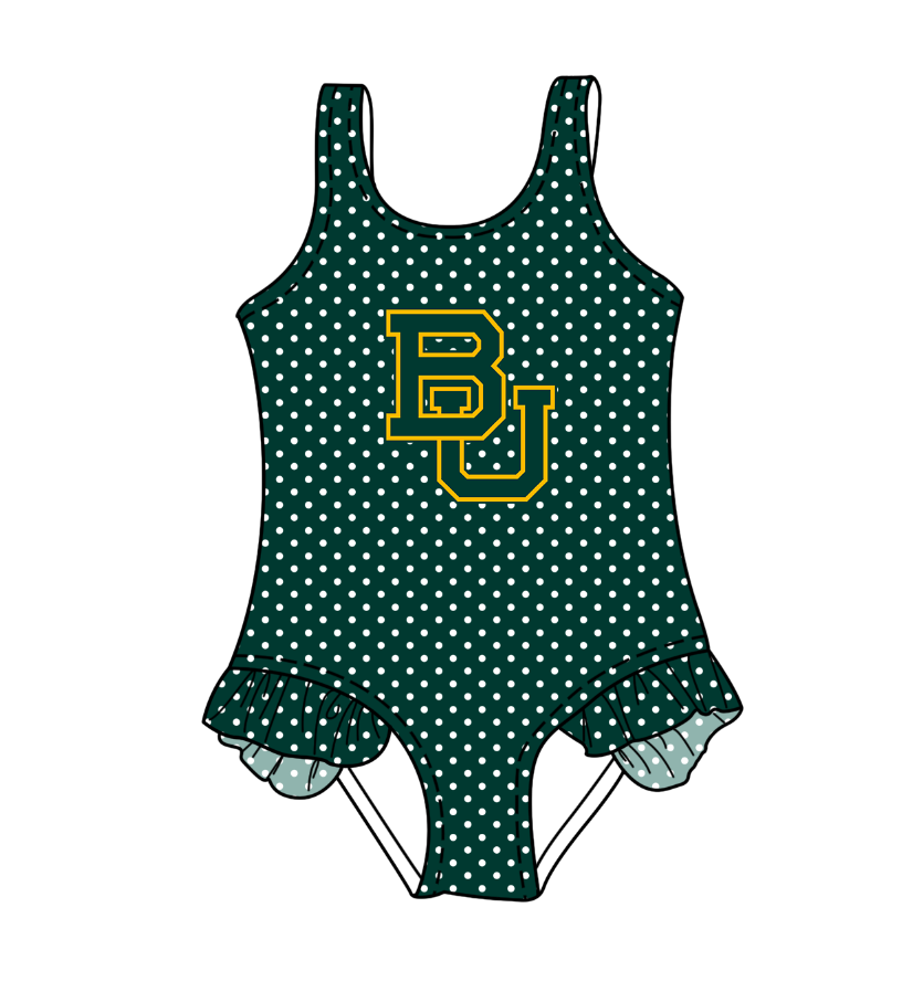CUSTOM MOQ 5 Cute Comfortable Clothing For Kids Baby Girls Green BU Polka Dots Ruffle Team One Piece Swimsuits