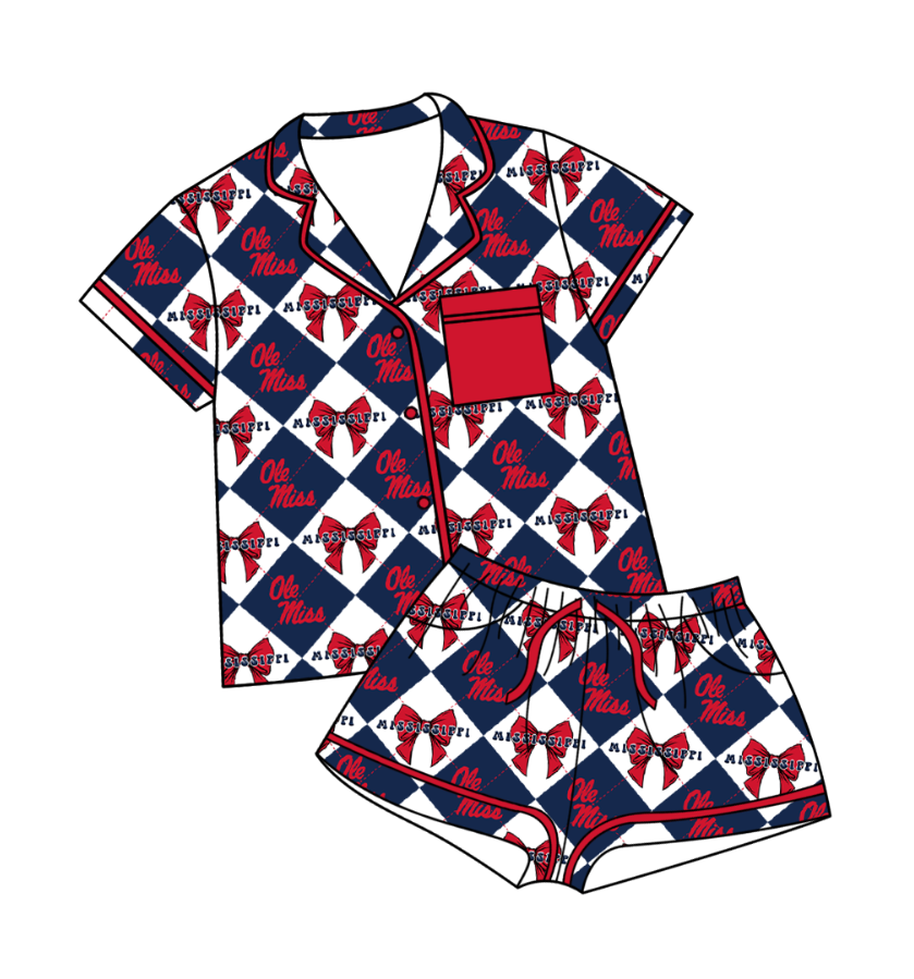 CUSTOM MOQ 5 Baby Girl Clothes Haze Blue Bow Plaid Top Bottom Shorts Pajamas Team Clothes Sets