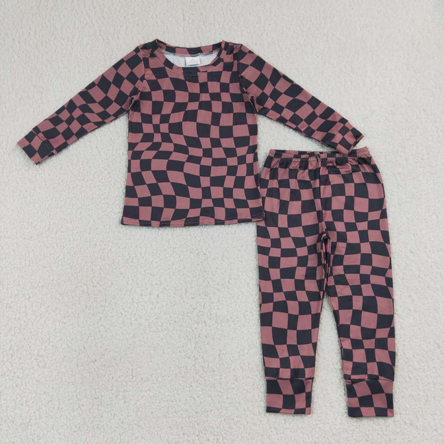 BLP1480 RTS NO MOQ (In stock)Baby Boys Brown Black Checked Long Sleeve Top Pants Pajamas Set)