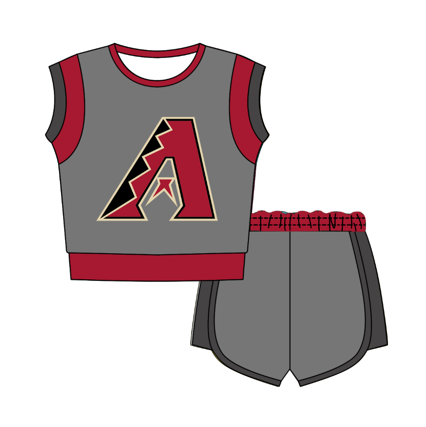 CUSTOM MOQ 5 Cute Comfortable Clothing For Kids Baby Kids Summer Grey Red Sleeveless Patchwork Top Shorts Clothes Sets