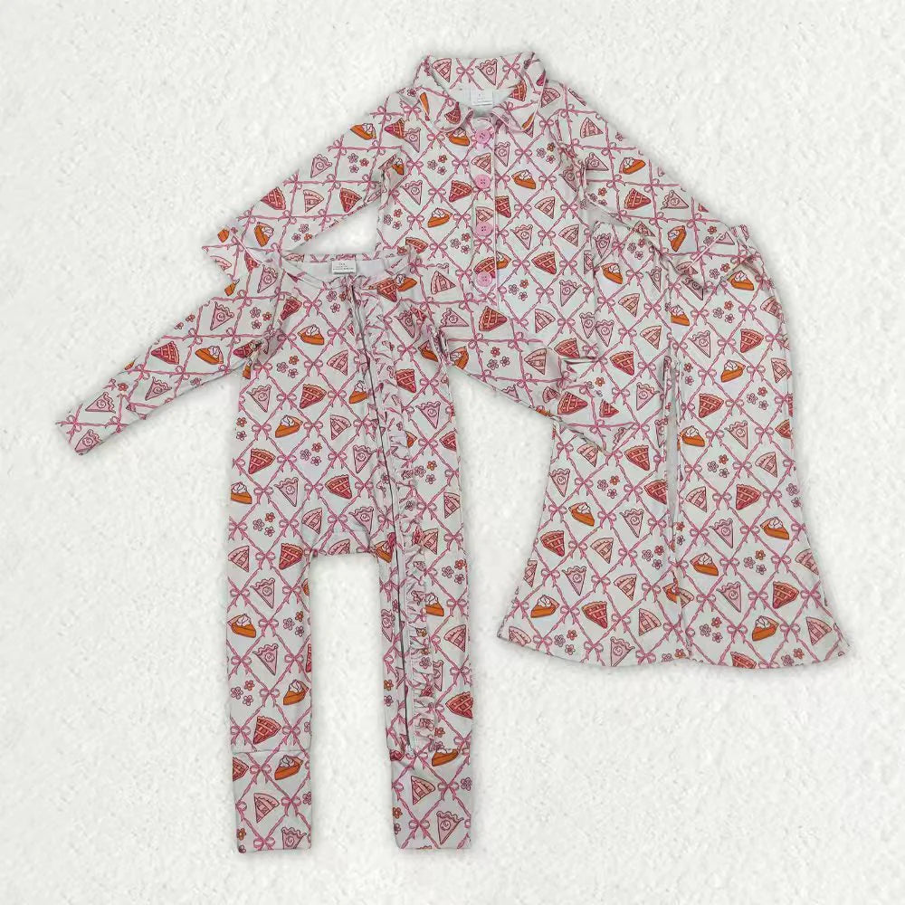 9.24 RTS Sibling Baby Girls Bows Flowers Pie Checked Button Thanksgiving Pajamas Set Zip Footie Rompers