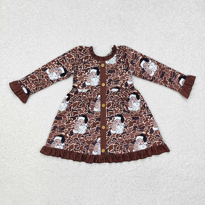 Baby Girls Dark Brown Leopard Santa Button Long Sleeve Dress & Romper