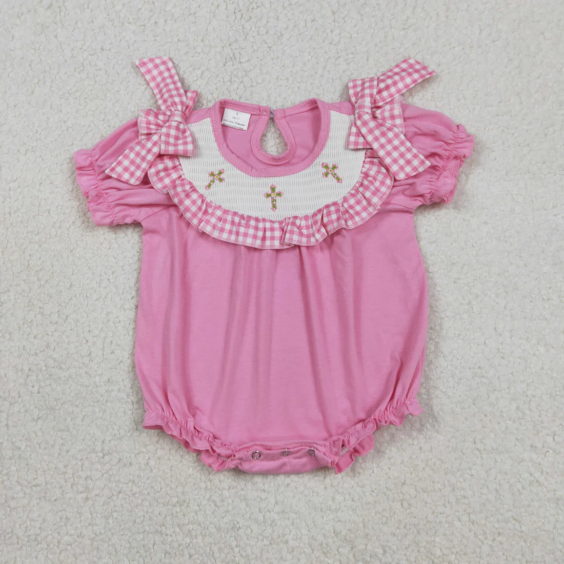 1.13 RTS Sibling Smocked Crosses Baby Girls Pink Short Sleeve Easter Knee Length Dress Ruffle Rompers