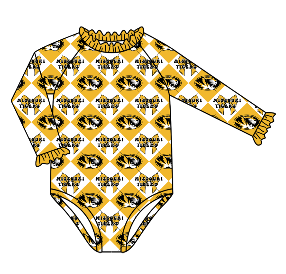 CUSTOM MOQ 5 Baby Girl Clothes Yellow Bow Plaid Team Long Sleeve Swimsuits